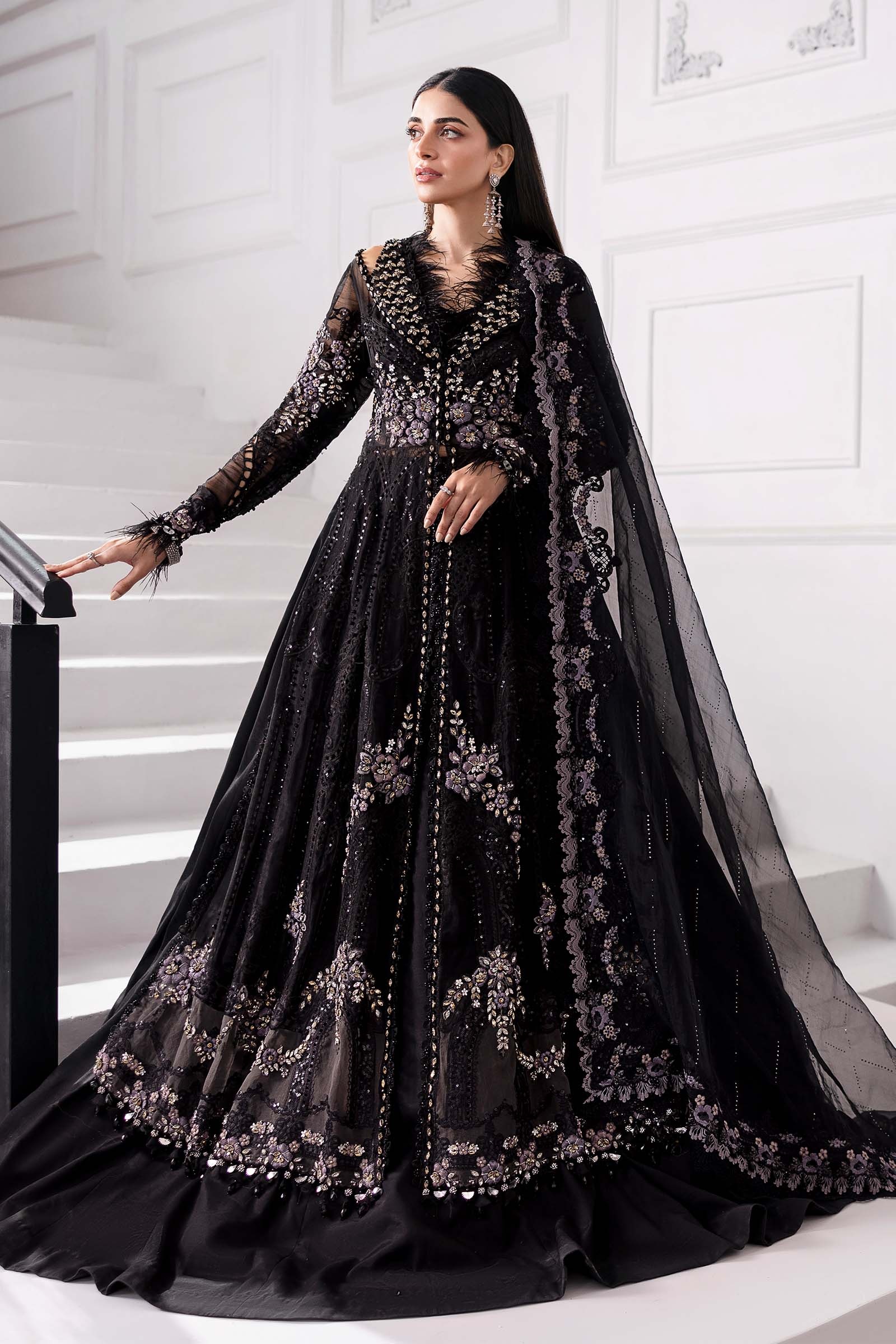 3 Piece Unstitched Embroidered Organza MC BLACK pakistani fashion…